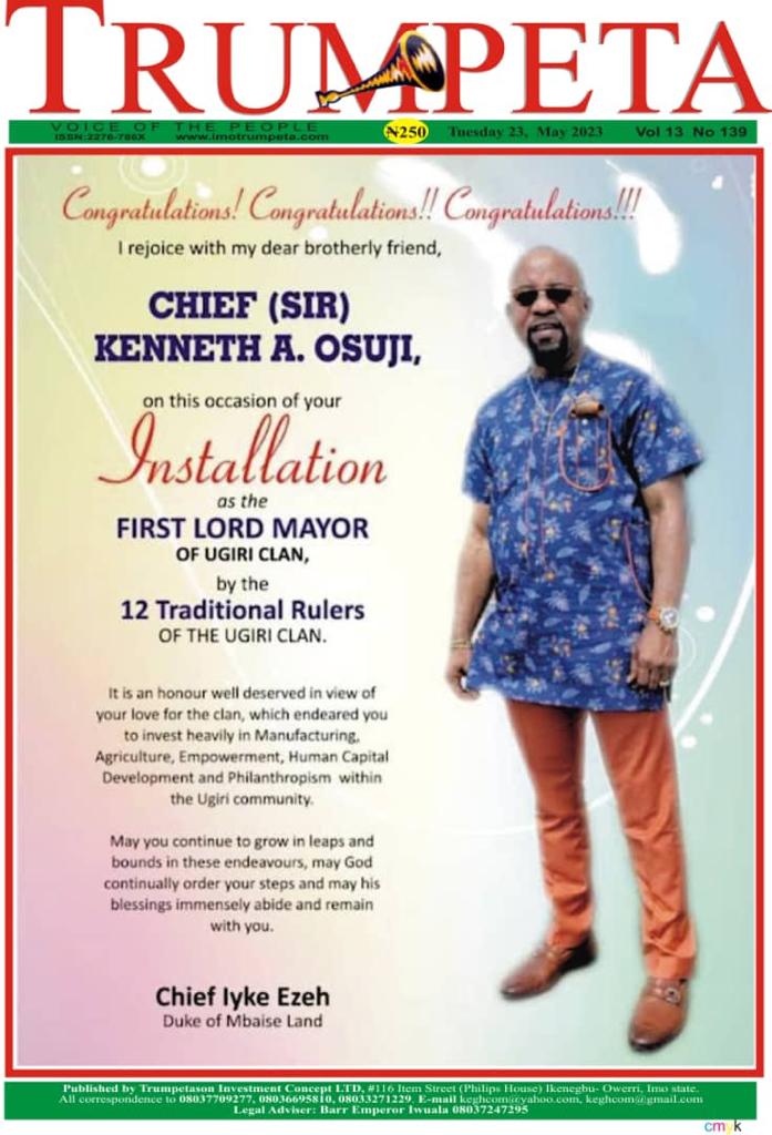 Chief Ken Osuji becomes first Mayor of Ugiri clan