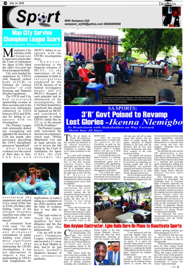 IMO SPORTS: 3’R’ Govt Poised to Revamp Lost Glories –Ikenna Nlemigbo ..To Brainstorm with Stakeholders on Way Forward_ ..Meets Imo All Stars