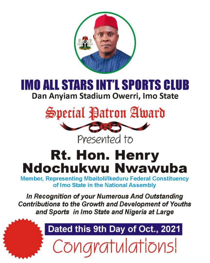 Mbaike Reps Member, Nwawuba Bags Imo All Stars Special Patron Award .. As Abia Wins Veterans Tourney