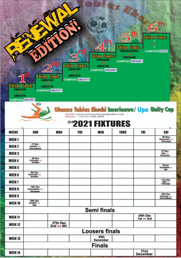Okenze Tobias Ekechi Imerienwe – Upe Unity Cup Returns With A Bang  ..”Renewal Edition” Kicks Off Saturday Nov 20