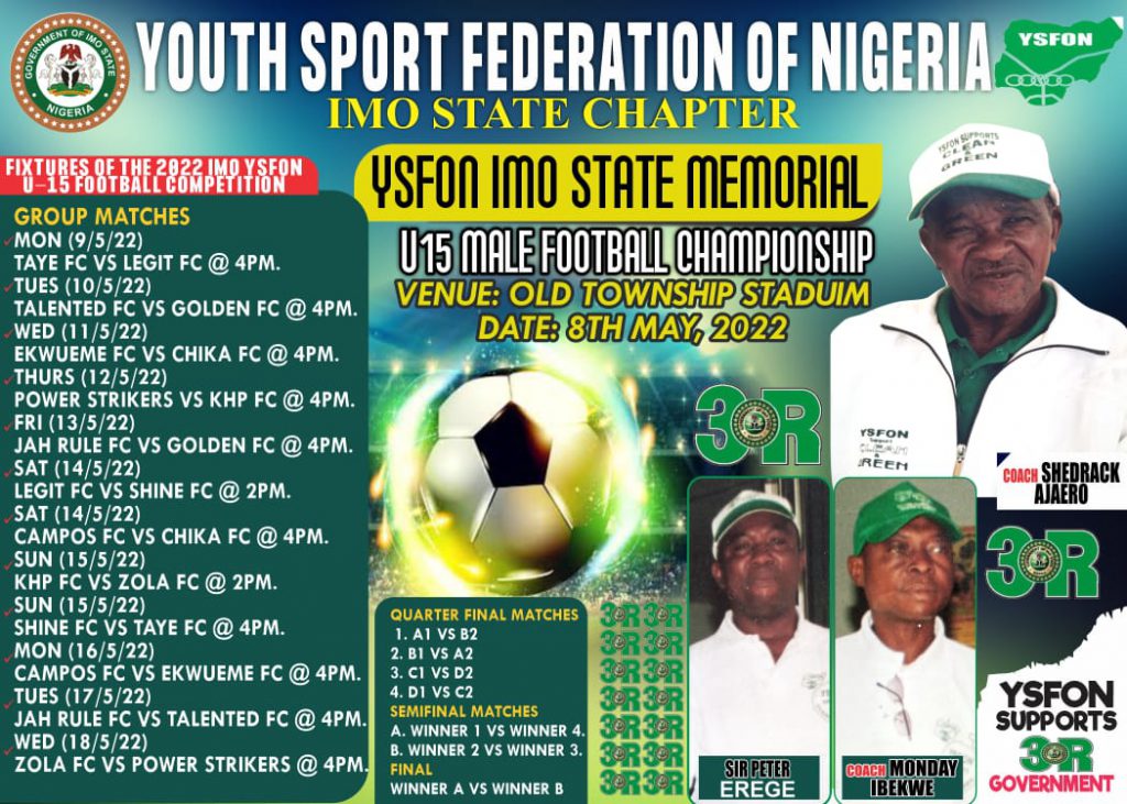 Imo YSFON U-15 Memorial Football Championship Kicks Off Sunday