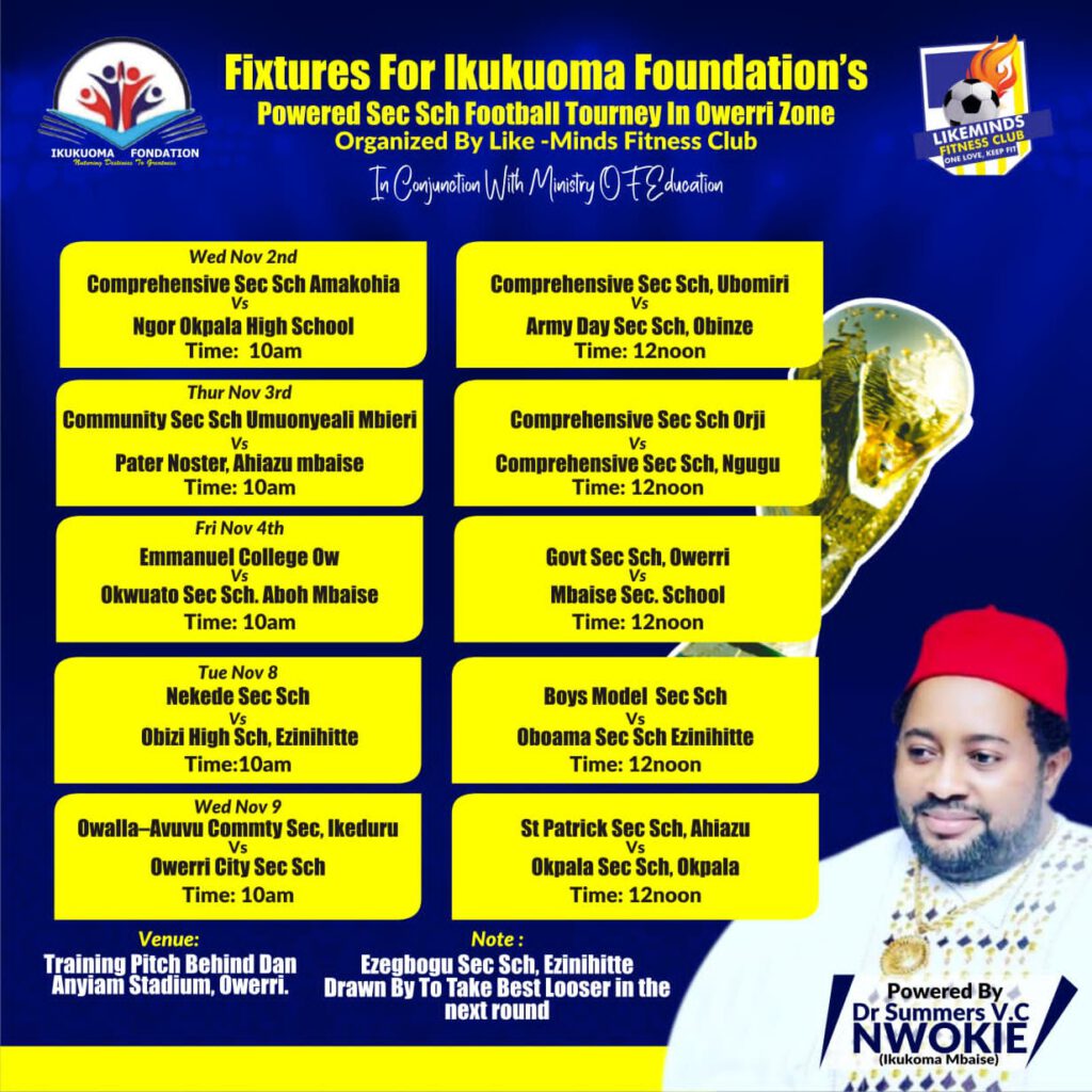 Ikukuoma Foundation Powered Sec Sch Football Tourney In Owerri Zone Kicks -Off Nov 3