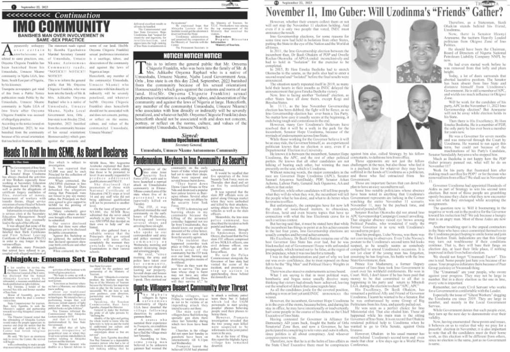 IMO COMMUNITY BANISHES MAN OVER INVOLVEMENT IN SAME -SEX PRACTICE